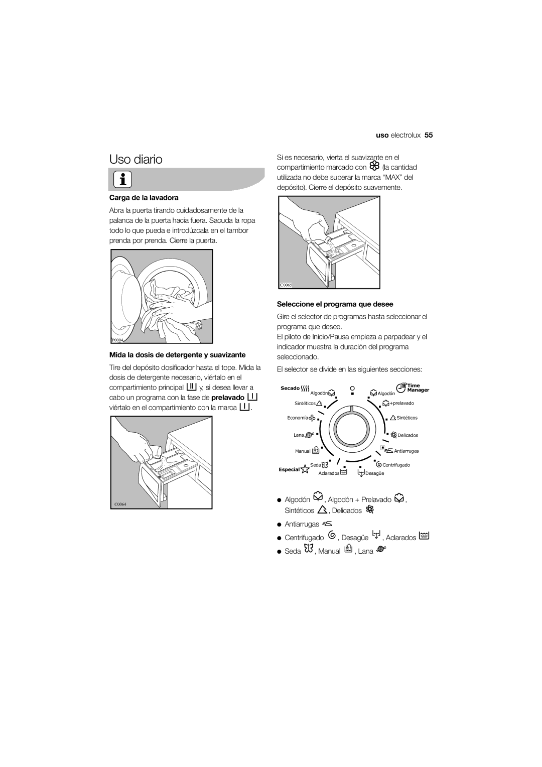 Electrolux EWW 12480 W user manual Uso diario, Carga de la lavadora, Mida la dosis de detergente y suavizante 