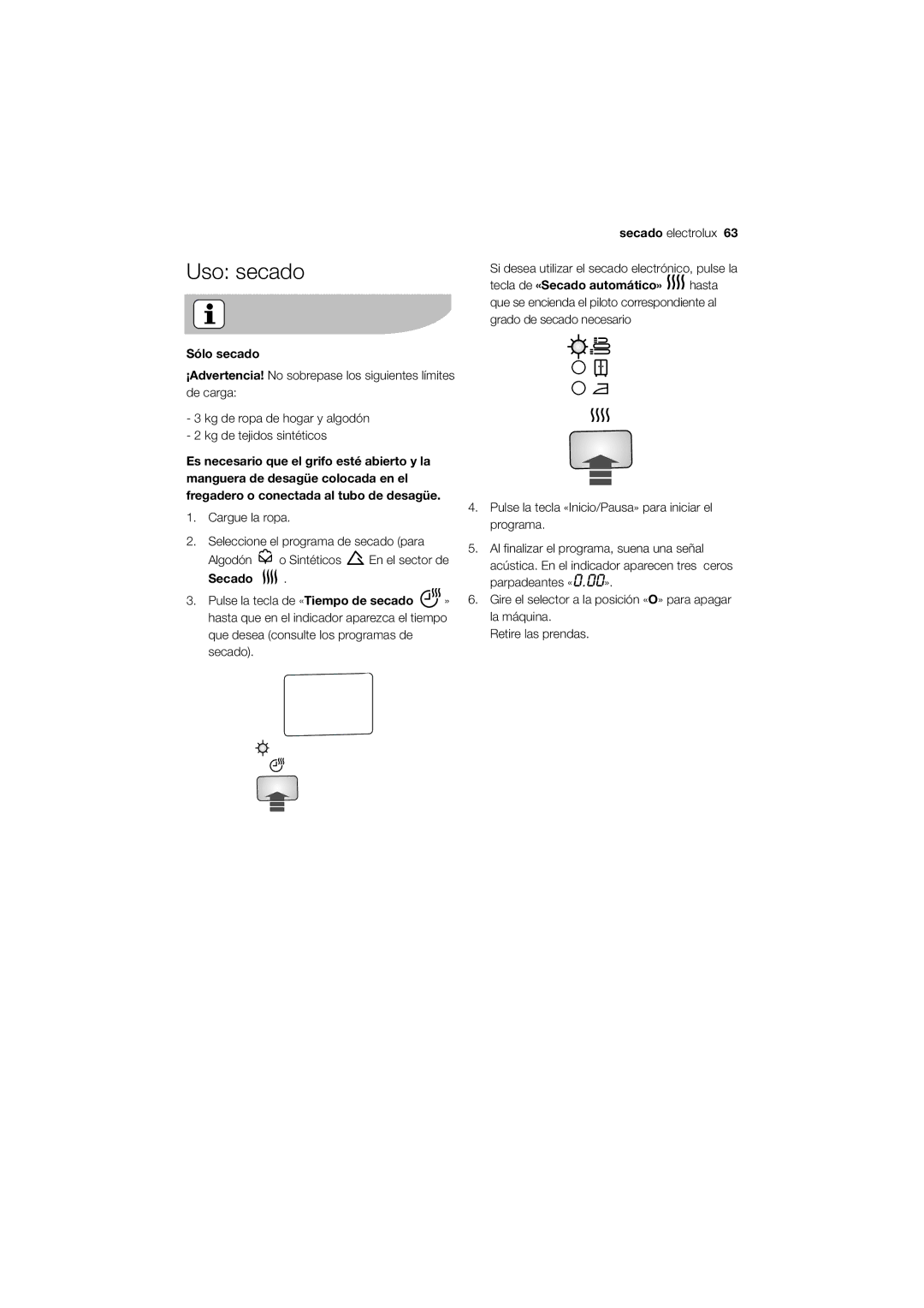 Electrolux EWW 12480 W user manual Uso secado, Sólo secado, Secado 