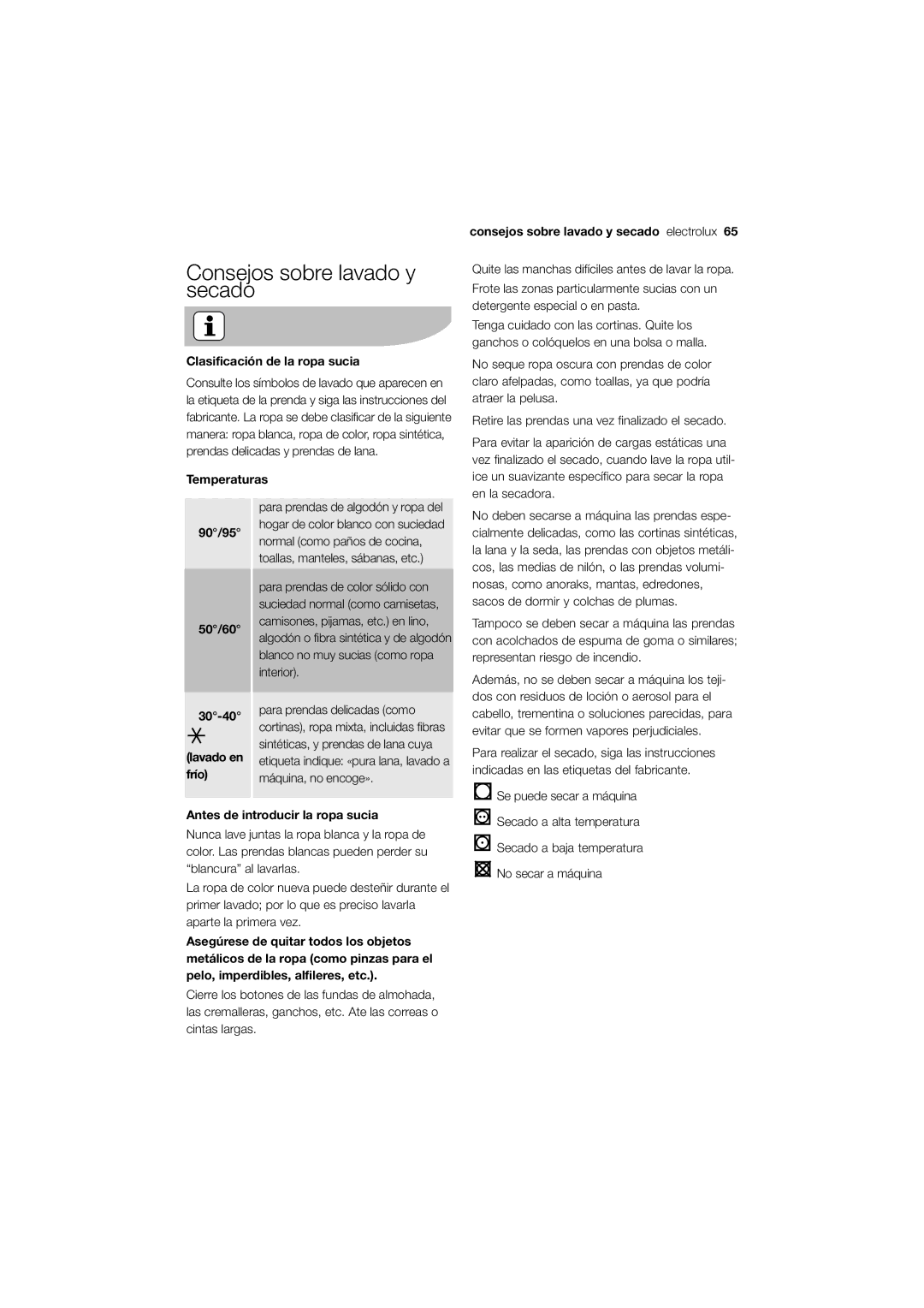 Electrolux EWW 12480 W user manual Consejos sobre lavado y secado 