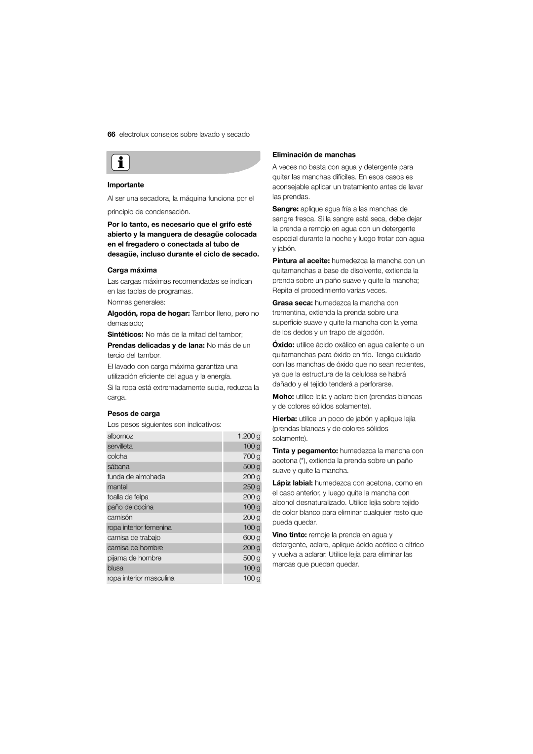 Electrolux EWW 12480 W user manual Importante, Carga máxima, Algodón, ropa de hogar Tambor lleno, pero no, Pesos de carga 