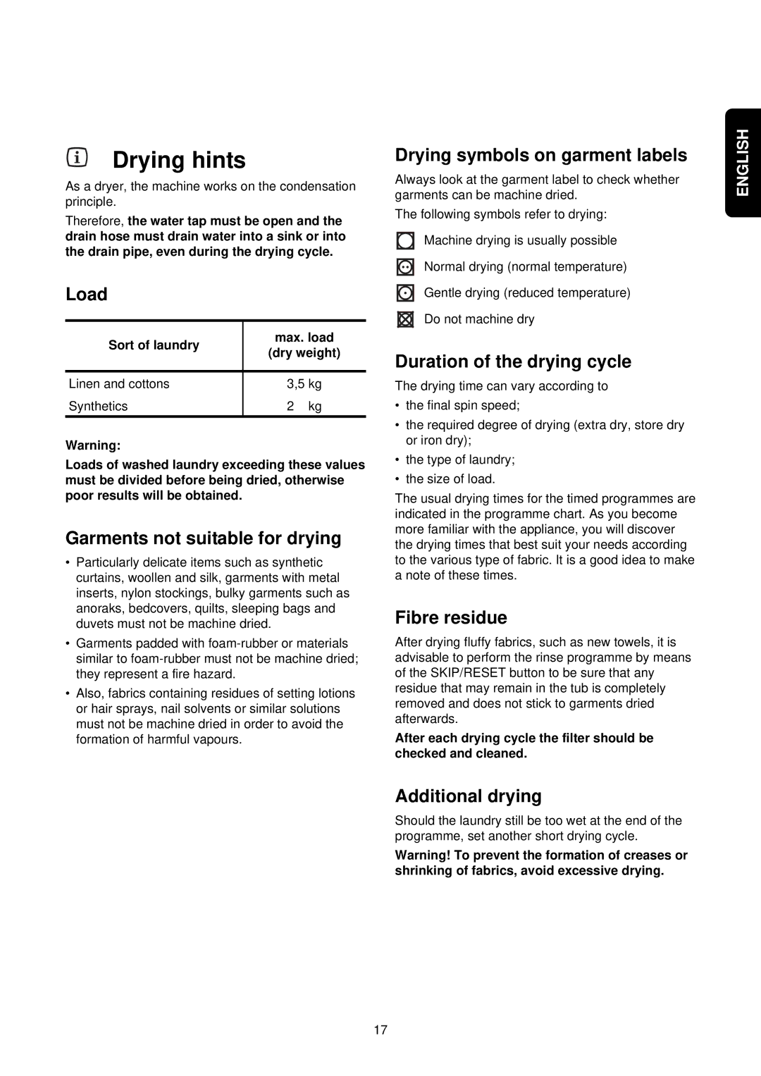 Electrolux EWW 1292 manual Drying hints 