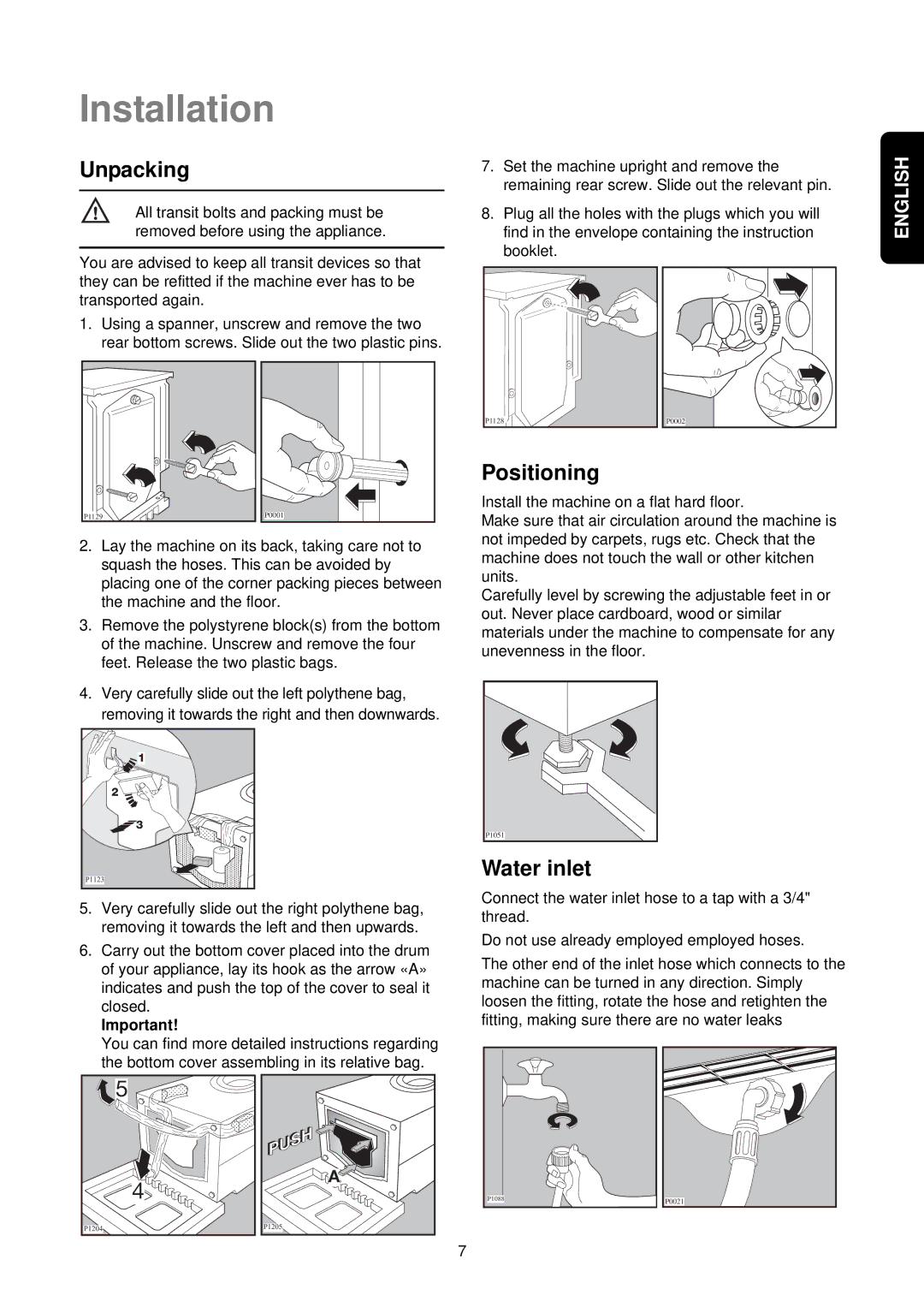 Electrolux EWW 1292 manual Installation, Unpacking, Water inlet 