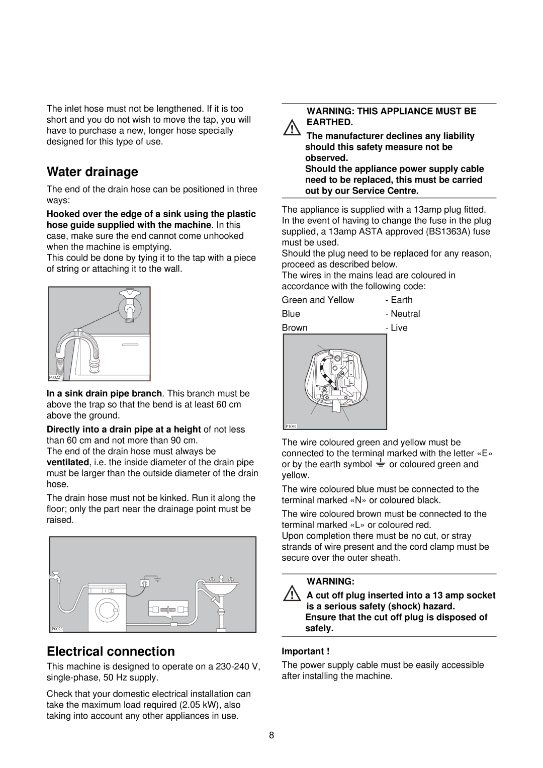 Electrolux EWW 1292 manual Water drainage, Electrical connection 