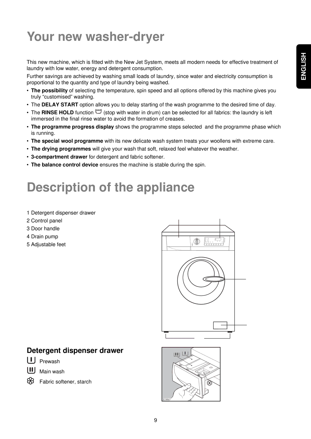 Electrolux EWW 1292 manual Your new washer-dryer, Description of the appliance, Detergent dispenser drawer 