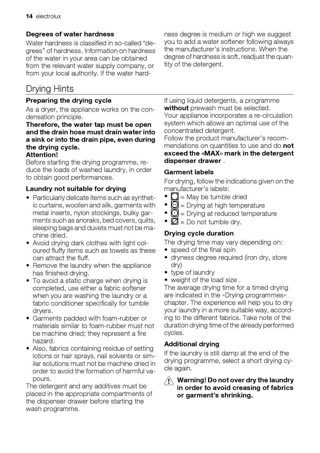 Electrolux EWW 14791 W user manual Drying Hints 