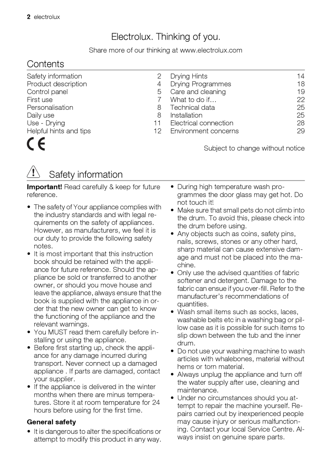 Electrolux EWW 14791 W user manual Electrolux. Thinking of you Contents, Safety information 