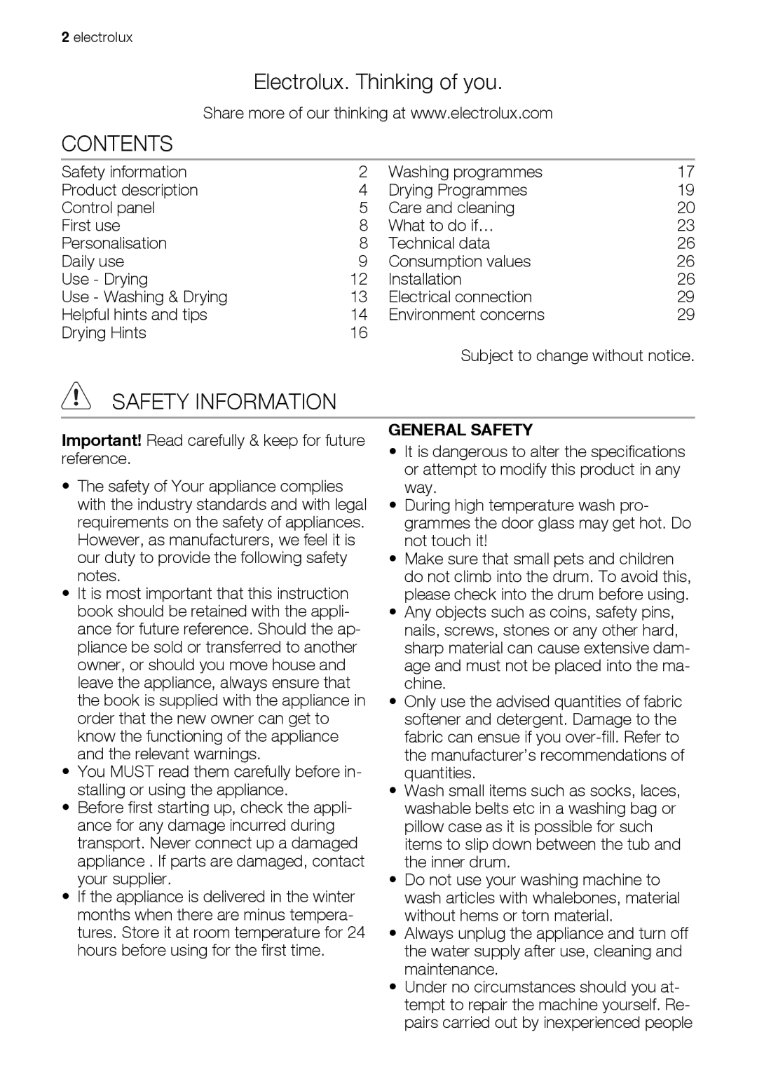 Electrolux EWW 167443 W user manual Contents, Safety Information 