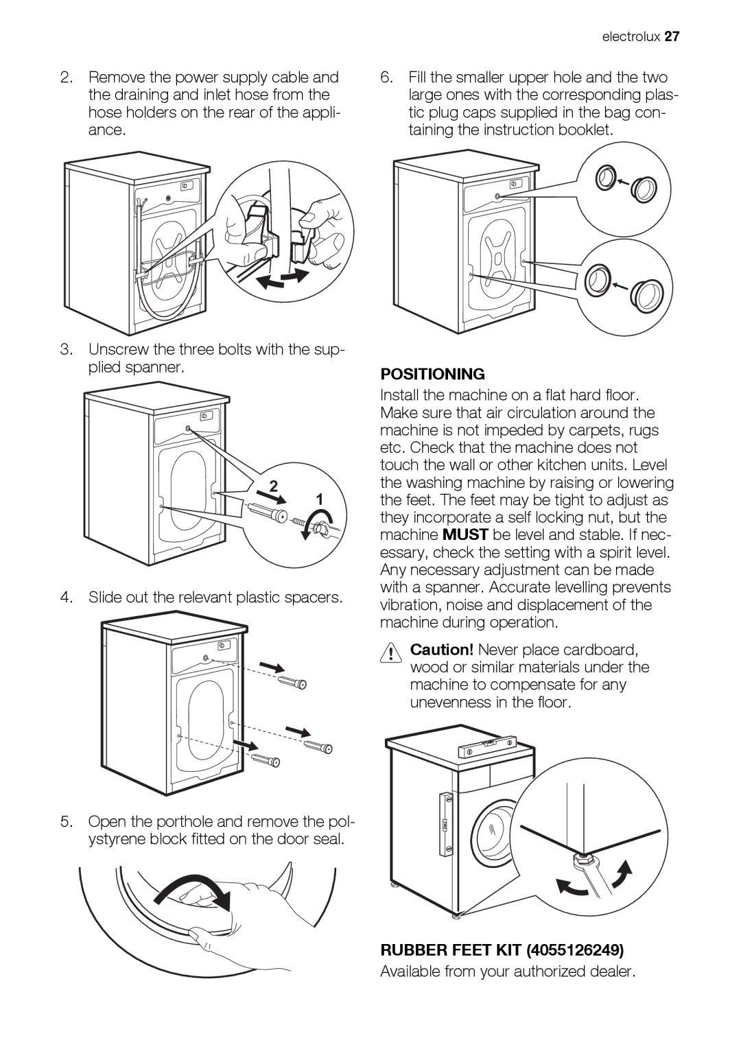 Electrolux EWW 167443 W user manual Positioning, Rubber Feet KIT, Available from your authorized dealer 