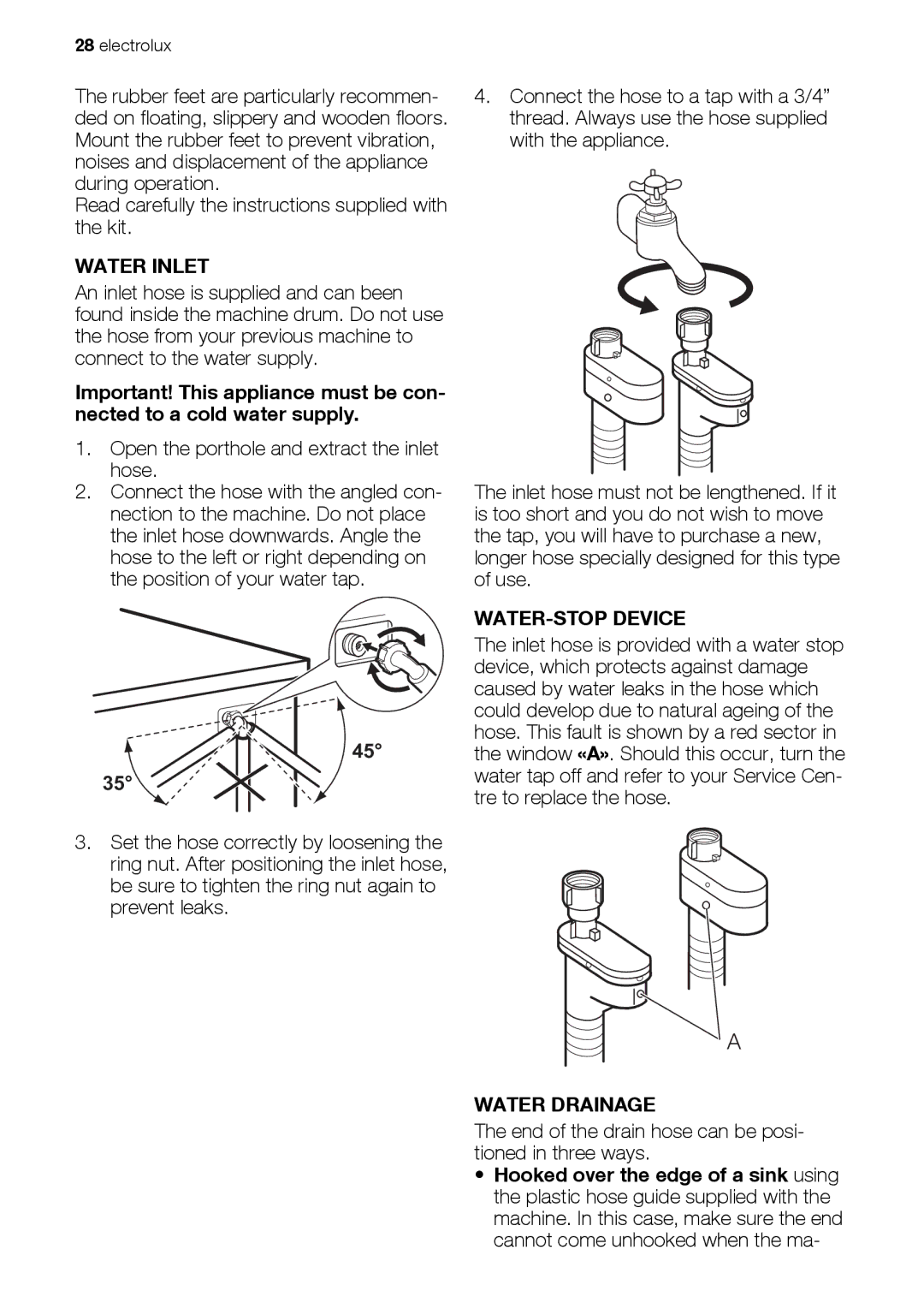 Electrolux EWW 167443 W user manual Water Inlet, WATER-STOP Device, Water Drainage 