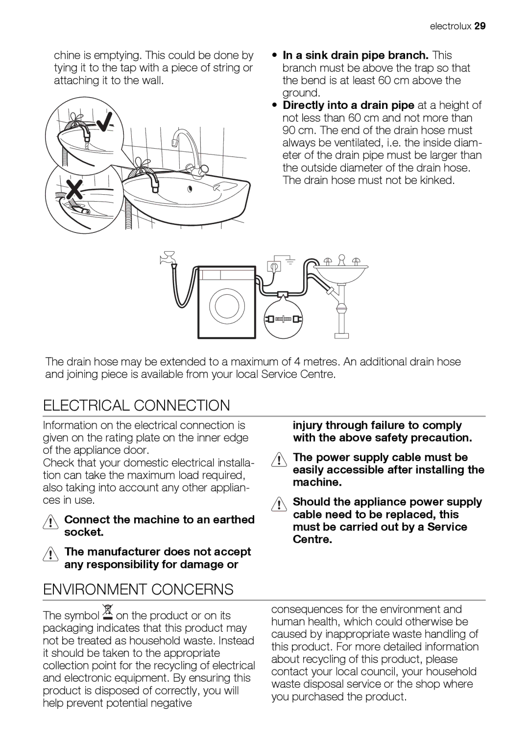 Electrolux EWW 167443 W user manual Electrical Connection, Environment Concerns 