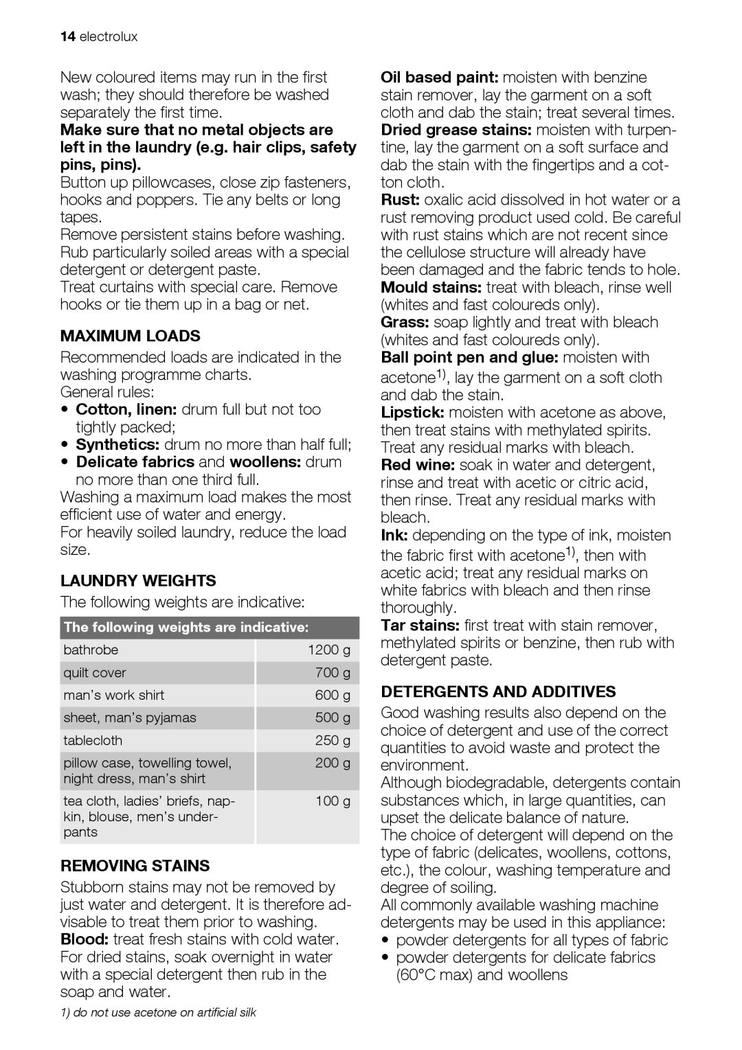 Electrolux EWW 168543 W user manual Maximum Loads, Laundry Weights, Removing Stains, Detergents and Additives 