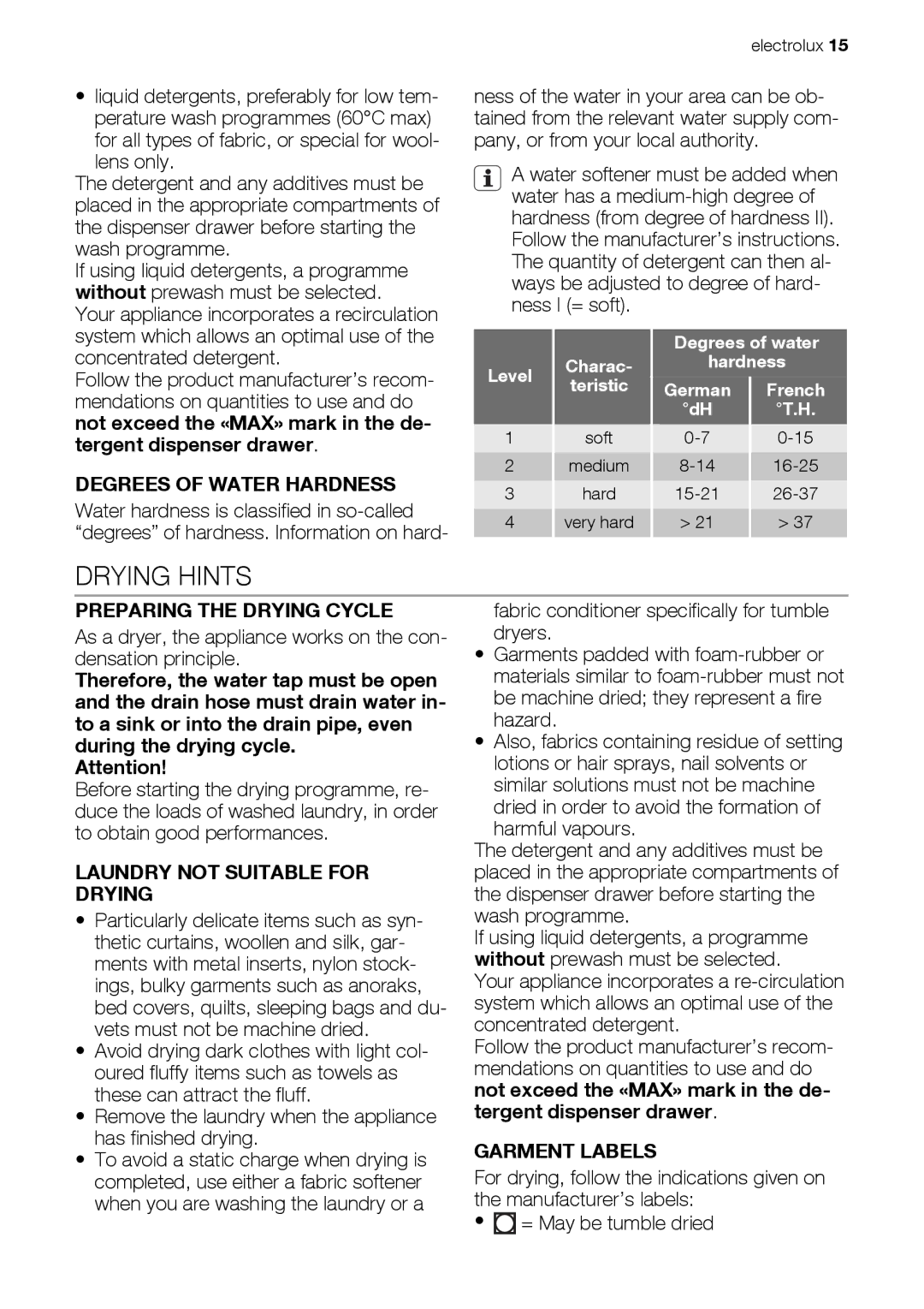 Electrolux EWW 168543 W user manual Drying Hints, Degrees of Water Hardness, Preparing the Drying Cycle, Garment Labels 