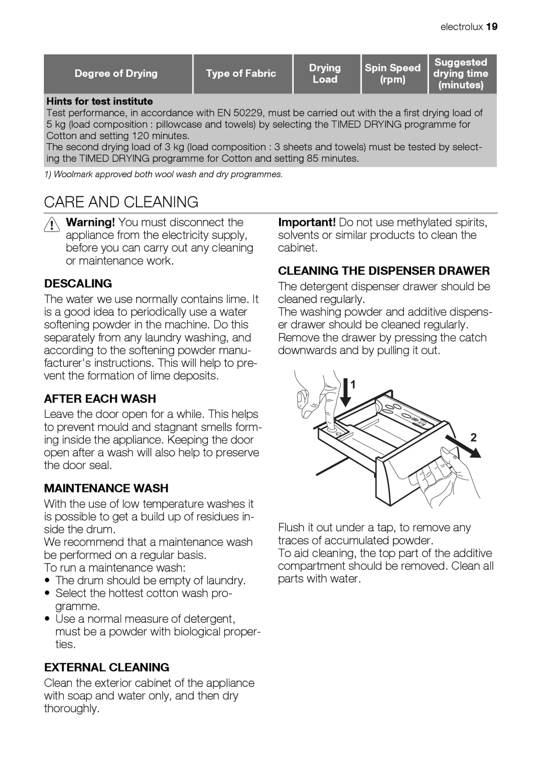 Electrolux EWW 168543 W Care and Cleaning, Cleaning the Dispenser Drawer Descaling, After Each Wash, Maintenance Wash 