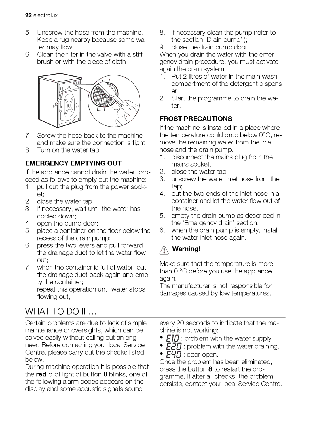 Electrolux EWW 168543 W user manual What to do IF…, Emergency Emptying OUT, Frost Precautions 