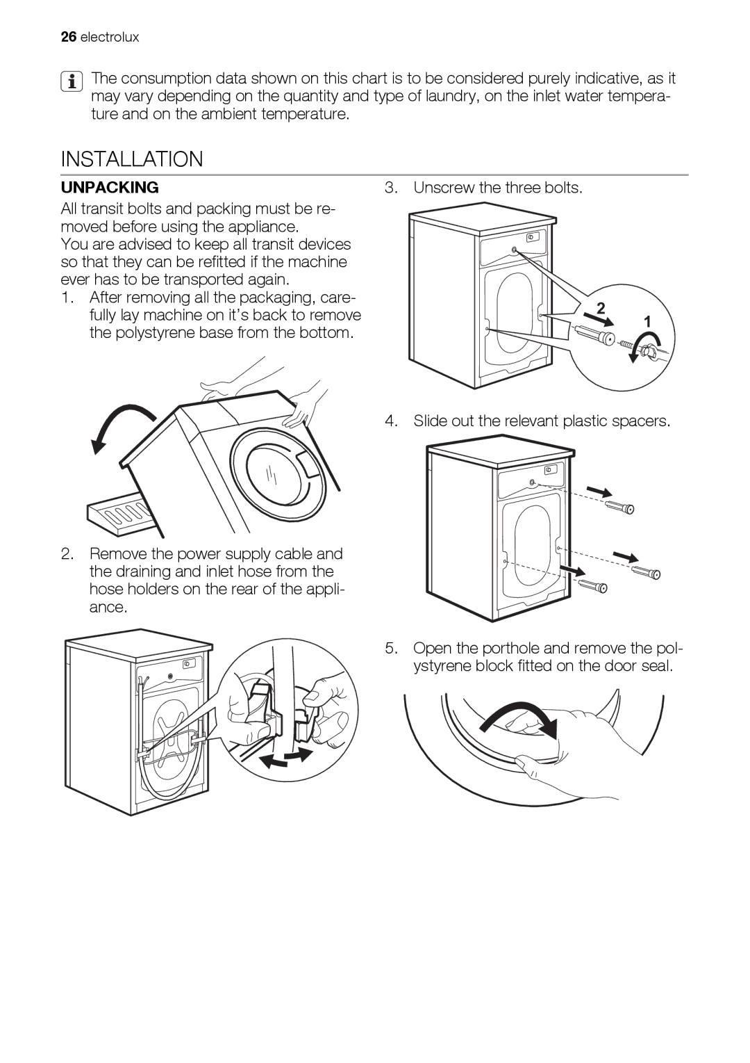 Electrolux EWW 168543 W user manual Installation, Unpacking 