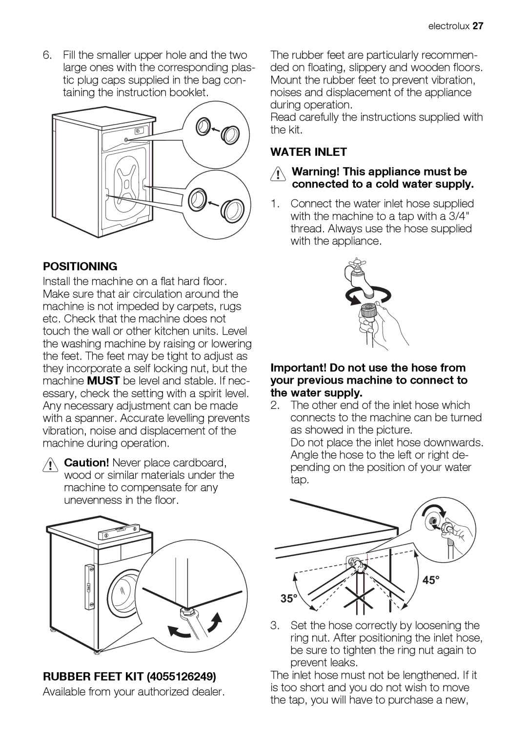 Electrolux EWW 168543 W user manual Positioning, Water Inlet, Rubber Feet KIT 