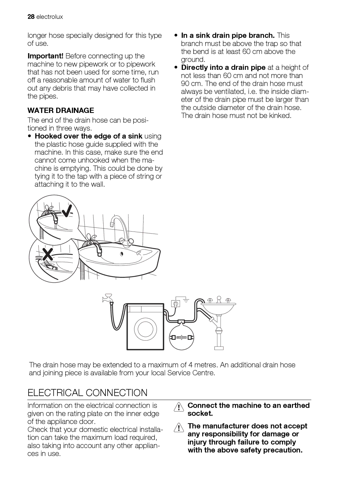 Electrolux EWW 168543 W user manual Electrical Connection, Water Drainage 