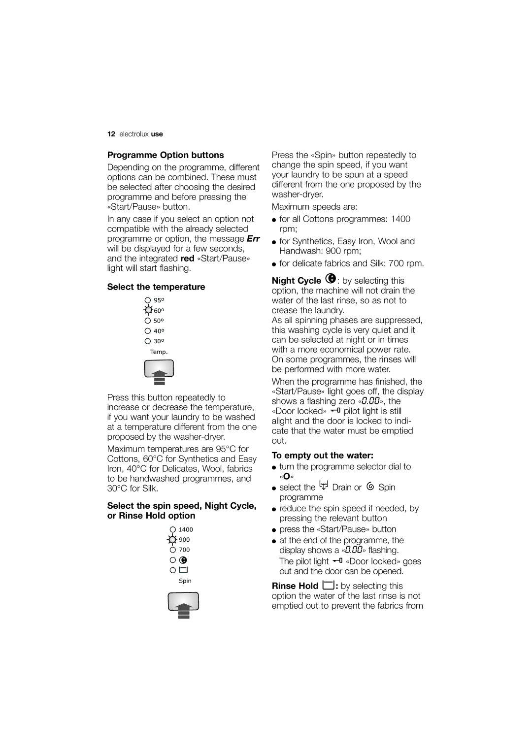 Electrolux EWX 14440 W user manual Programme Option buttons, Select the temperature, To empty out the water 