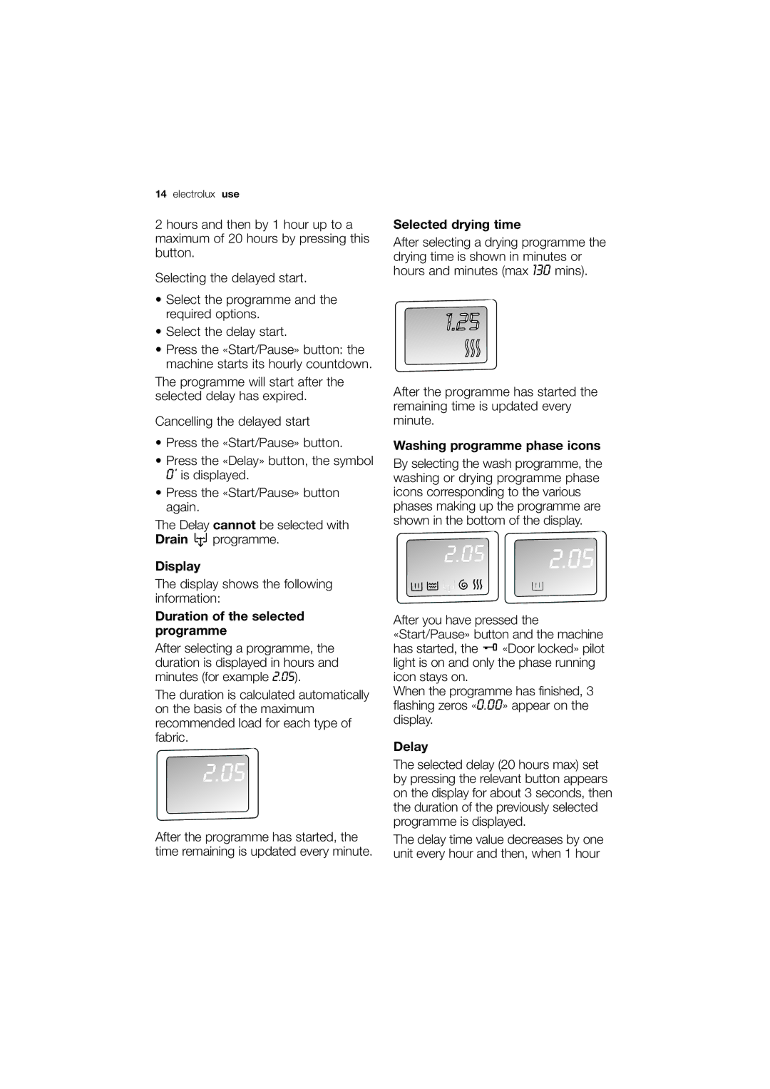 Electrolux EWX 14440 W Duration of the selected programme, Selected drying time, Washing programme phase icons, Delay 