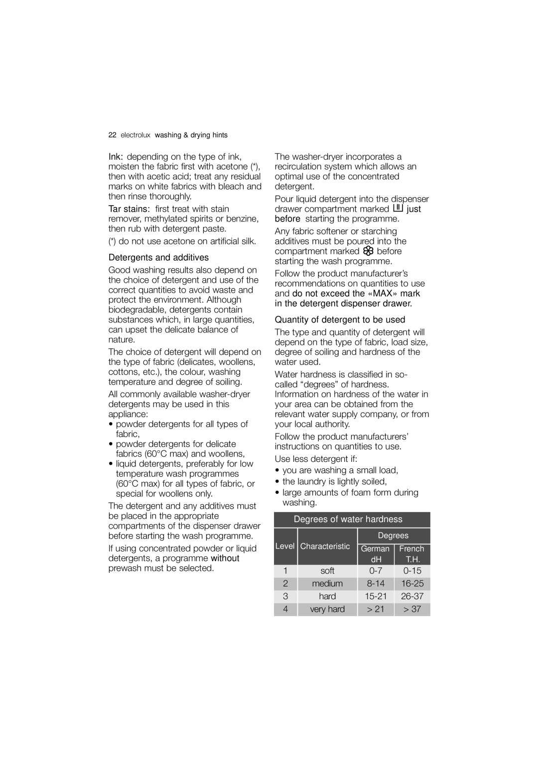 Electrolux EWX 14440 W user manual Detergents and additives, Quantity of detergent to be used 