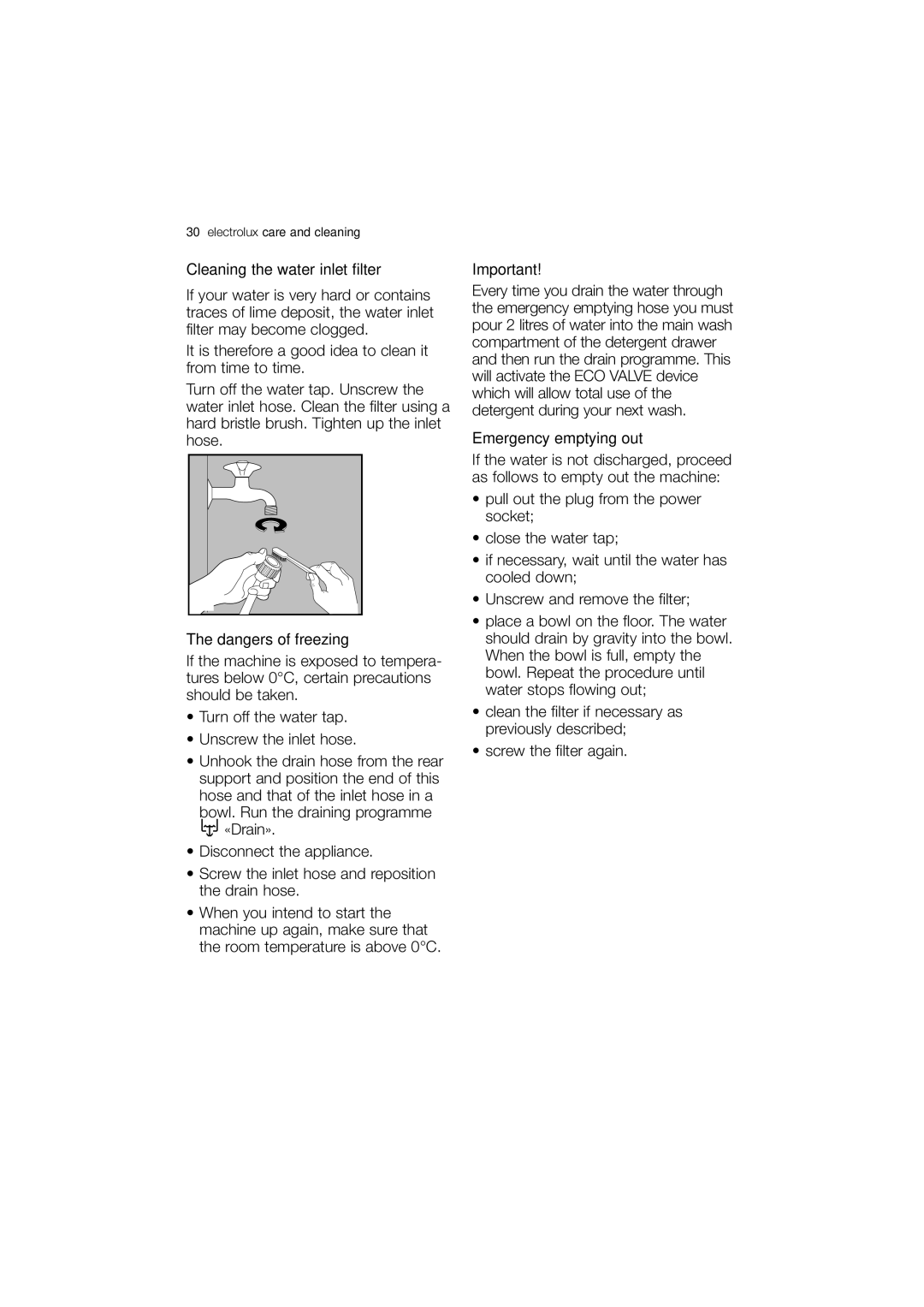 Electrolux EWX 14440 W user manual Cleaning the water inlet filter, Emergency emptying out 