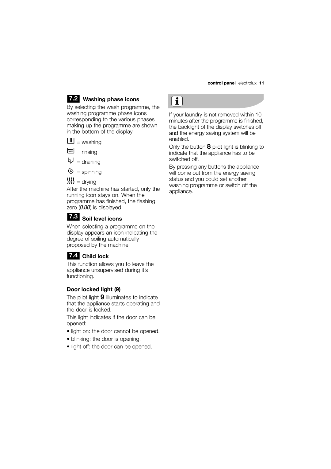 Electrolux EWX 14450 W user manual Washing phase icons, Soil level icons, Child lock, Door locked light 