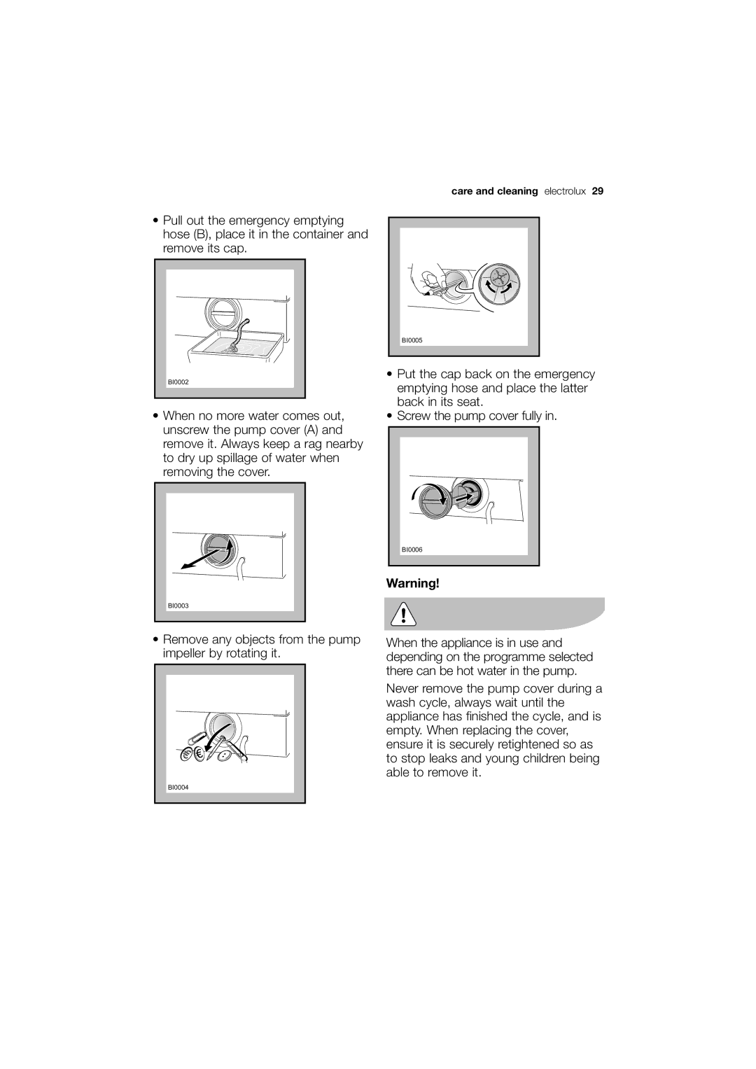 Electrolux EWX 14450 W user manual Remove any objects from the pump impeller by rotating it 