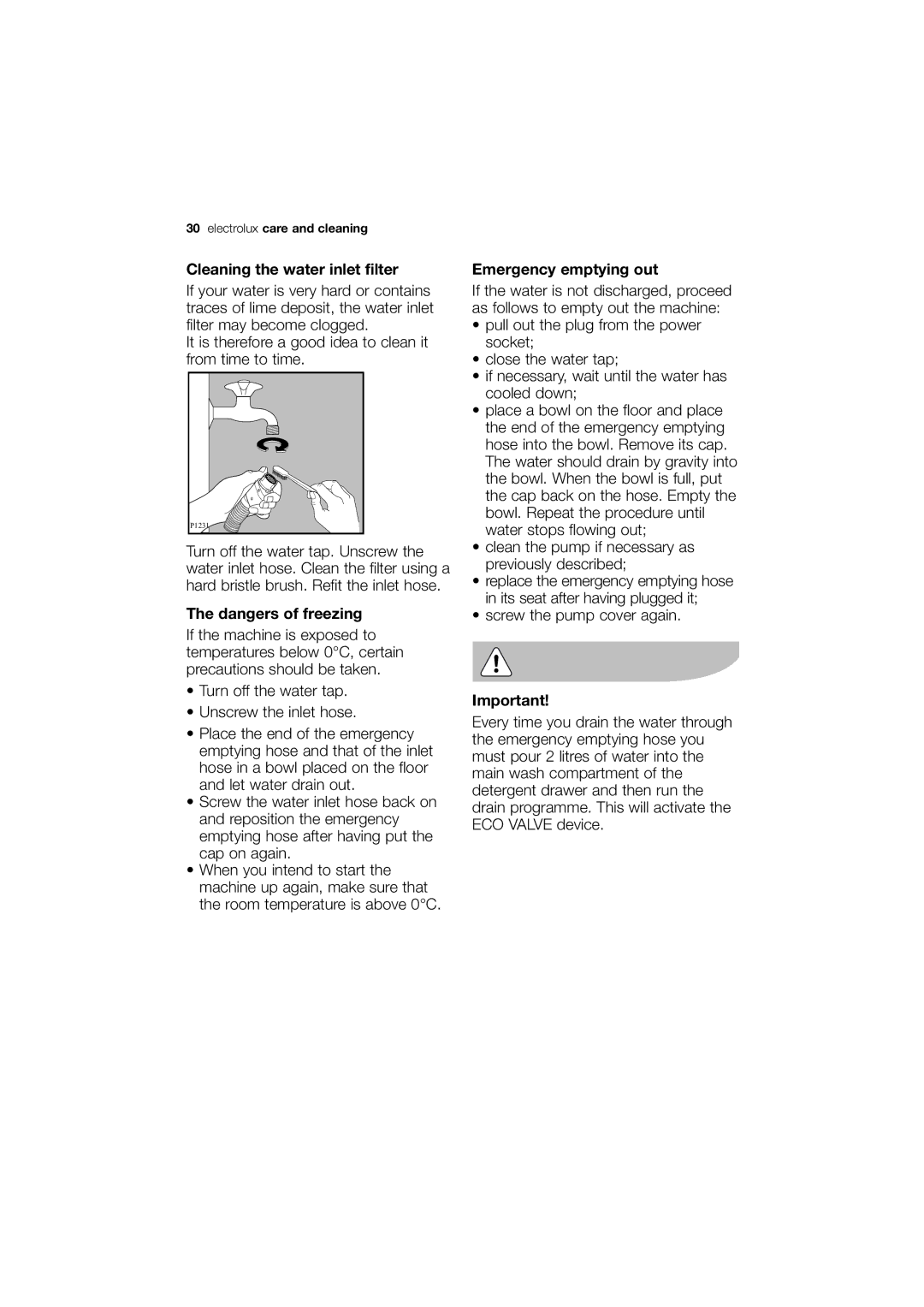 Electrolux EWX 14450 W user manual Cleaning the water inlet filter, Emergency emptying out 