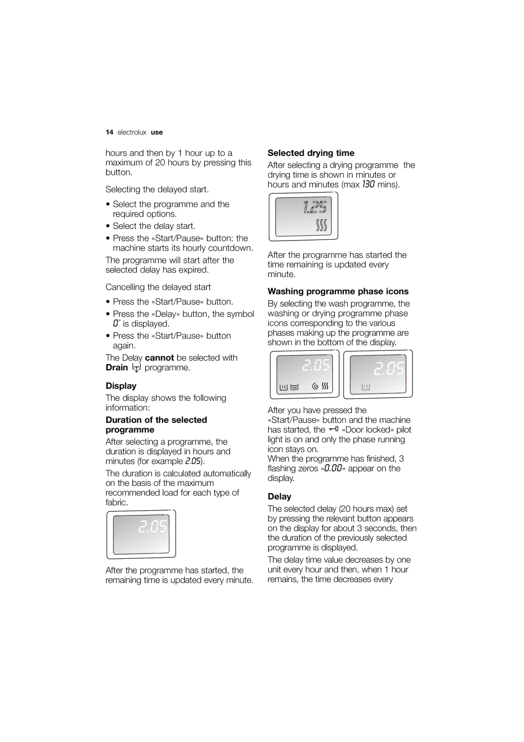 Electrolux EWX 14540 W Duration of the selected programme, Selected drying time, Washing programme phase icons, Delay 