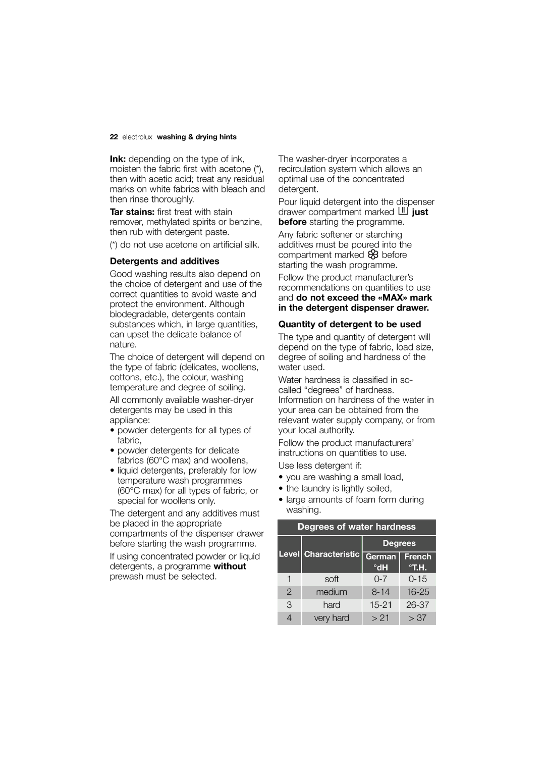 Electrolux EWX 14540 W user manual Detergents and additives, Quantity of detergent to be used 