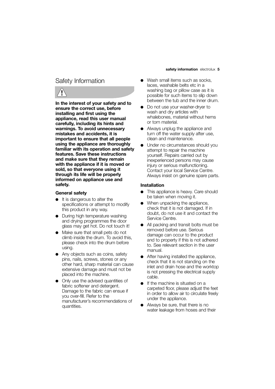 Electrolux EWX 14540 W user manual Safety Information, General safety, Installation 