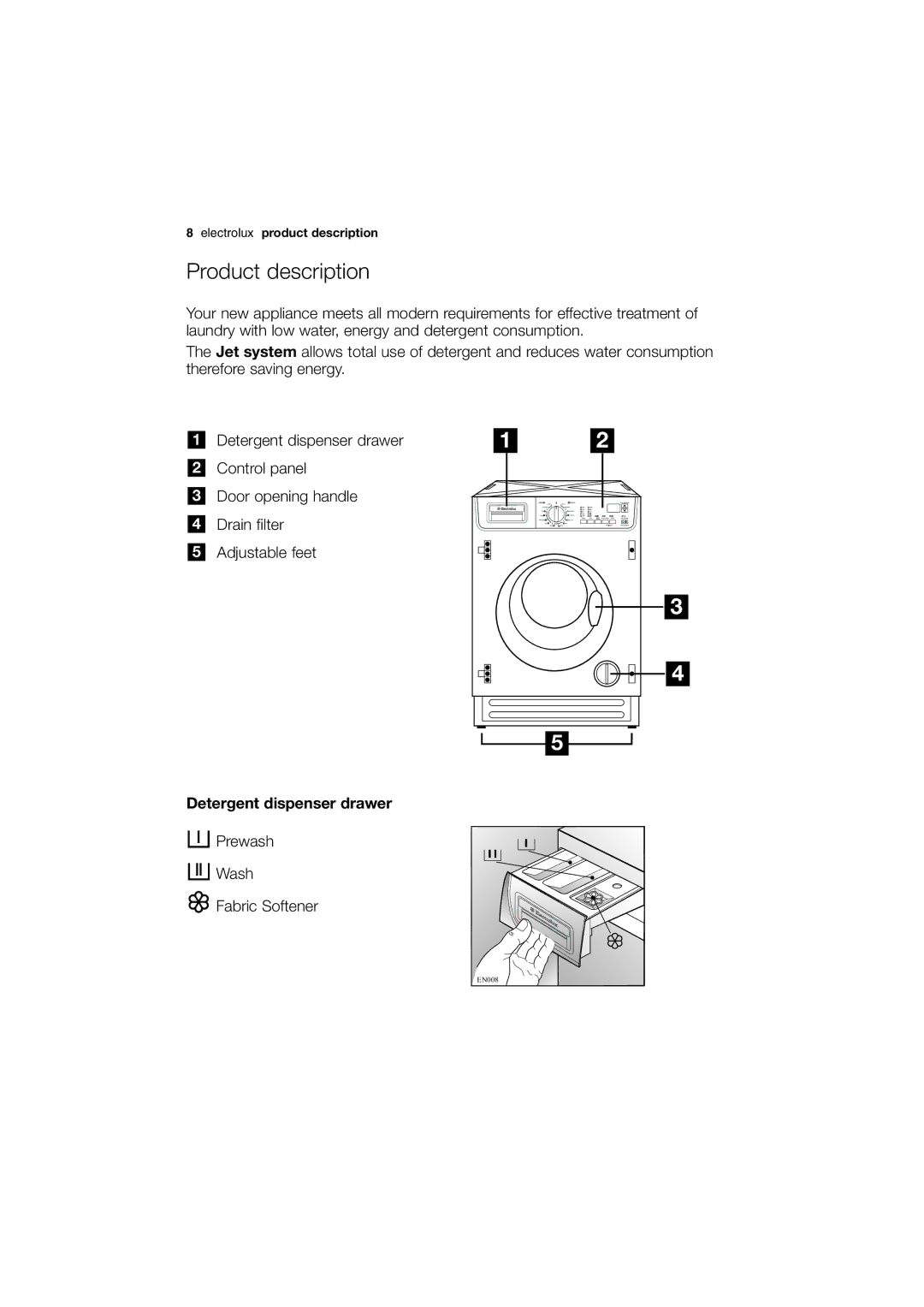 Electrolux EWX 14540 W user manual Product description, Detergent dispenser drawer 