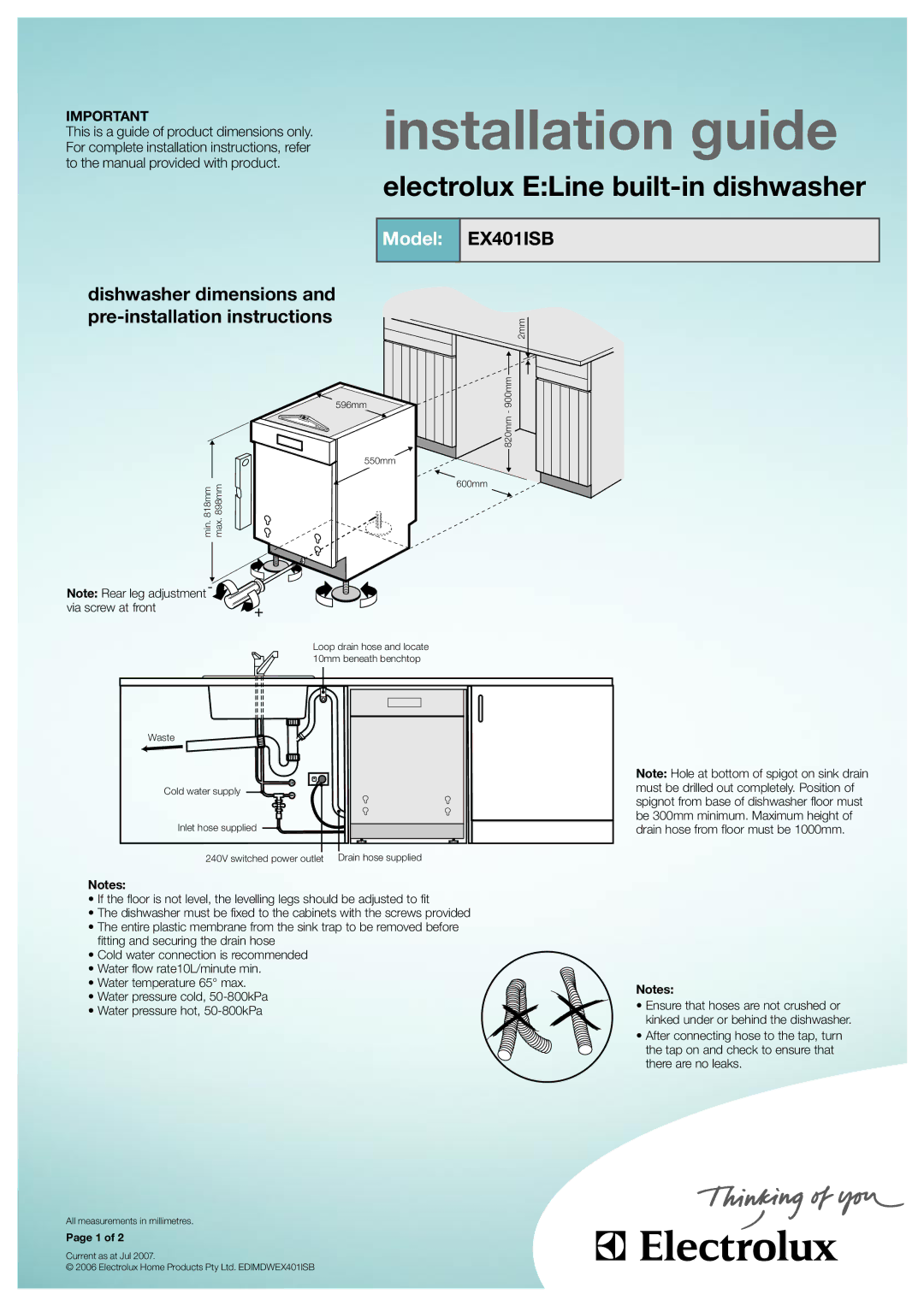 Electrolux EX401ISB dimensions Installation guide, Electrolux ELine built-in dishwasher 