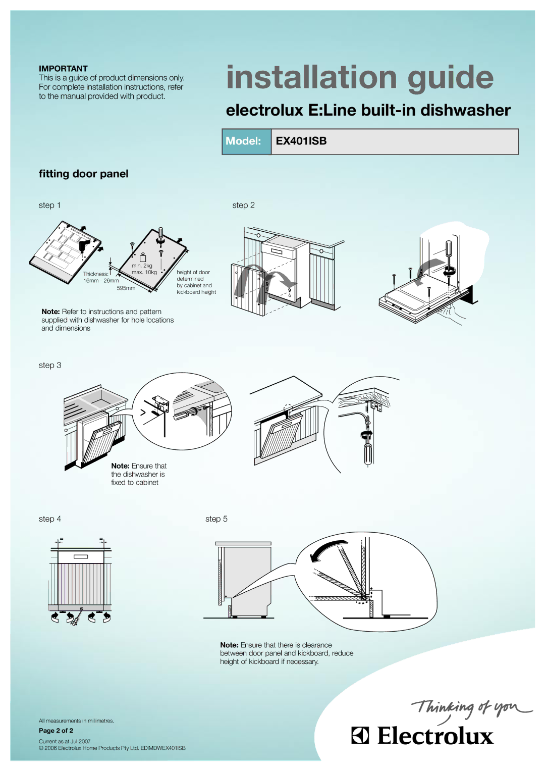 Electrolux dimensions Fitting door panel, Model EX401ISB, Step 