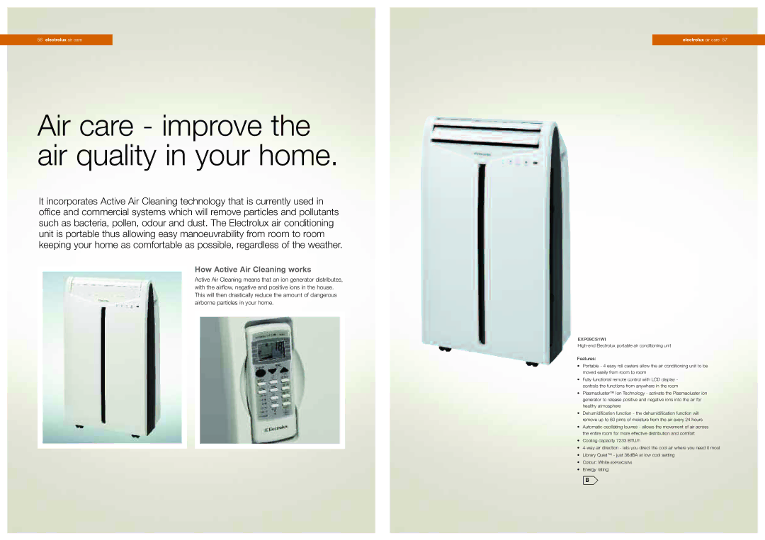 Electrolux EXP09CSIWI manual Air care improve the air quality in your home, How Active Air Cleaning works, EXP09CS1WI 