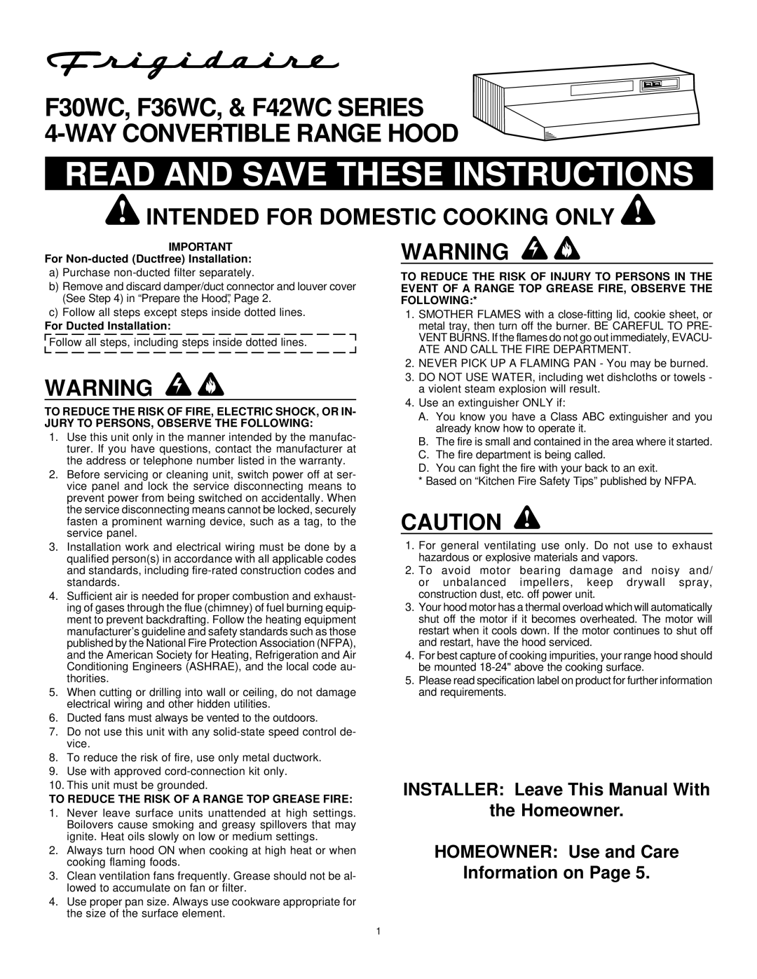 Electrolux F30WC, F36WC, F42WC warranty Intended for Domestic Cooking only, For Non-ducted Ductfree Installation 