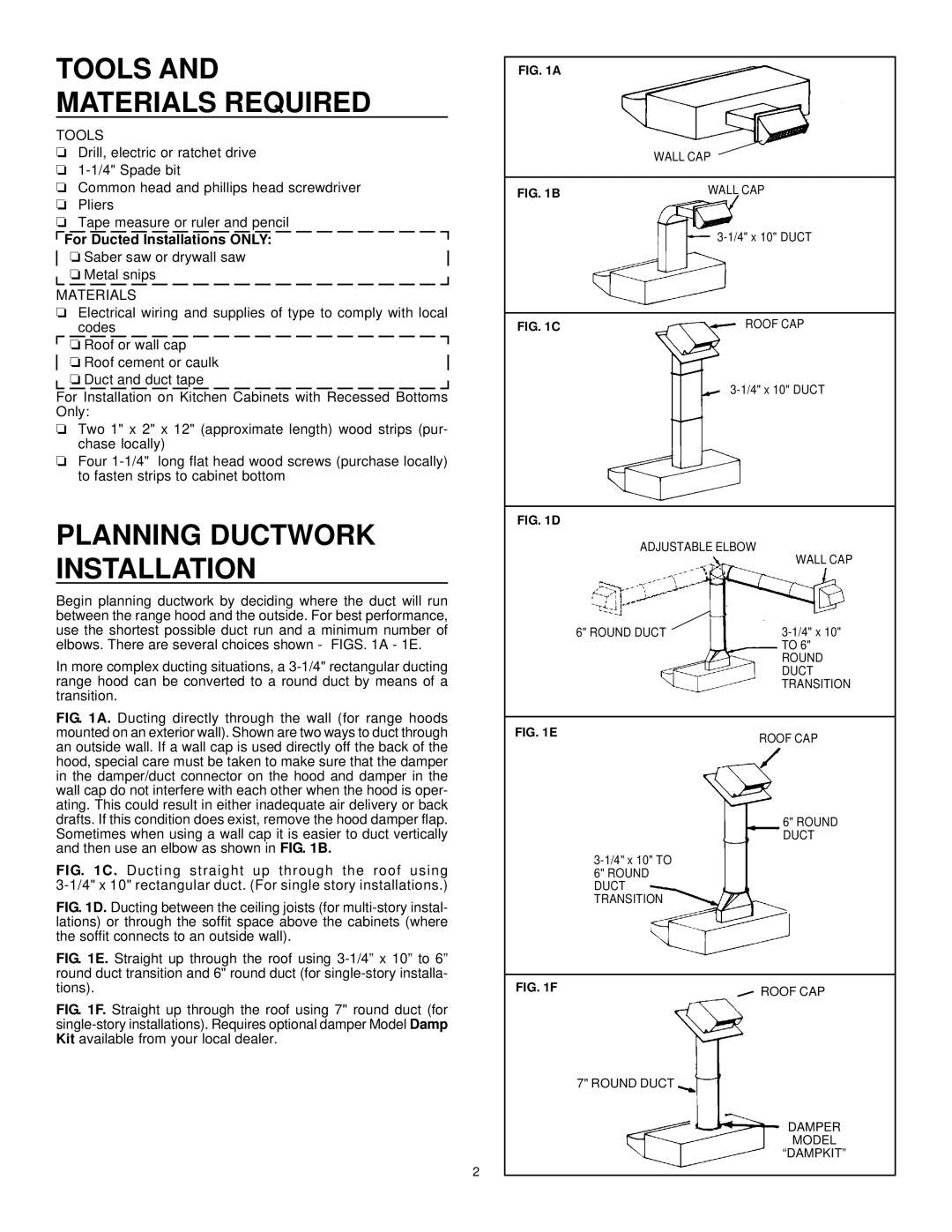 Electrolux F42WC, F36WC, F30WC Tools Materials Required, Planning Ductwork Installation, For Ducted Installations only 