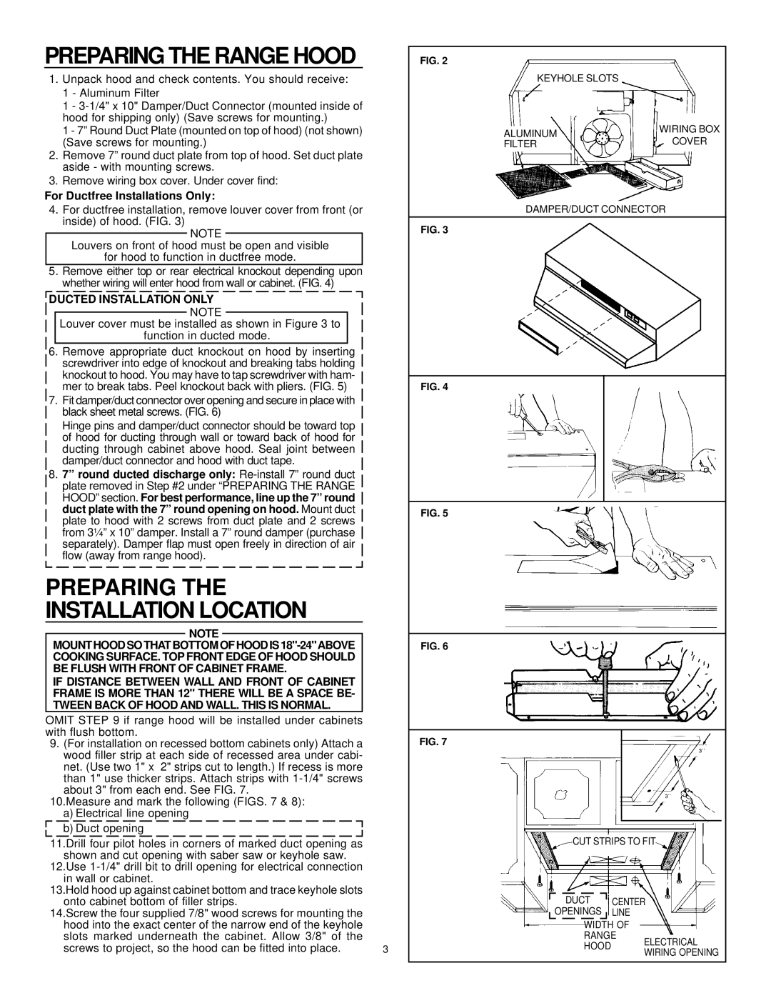 Electrolux F36WC, F30WC, F42WC warranty Preparing the Range Hood, For Ductfree Installations Only, Ducted Installation only 