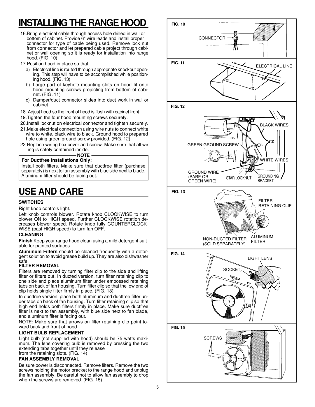 Electrolux F42WC, F36WC, F30WC warranty Installing the Range Hood, USE and Care 