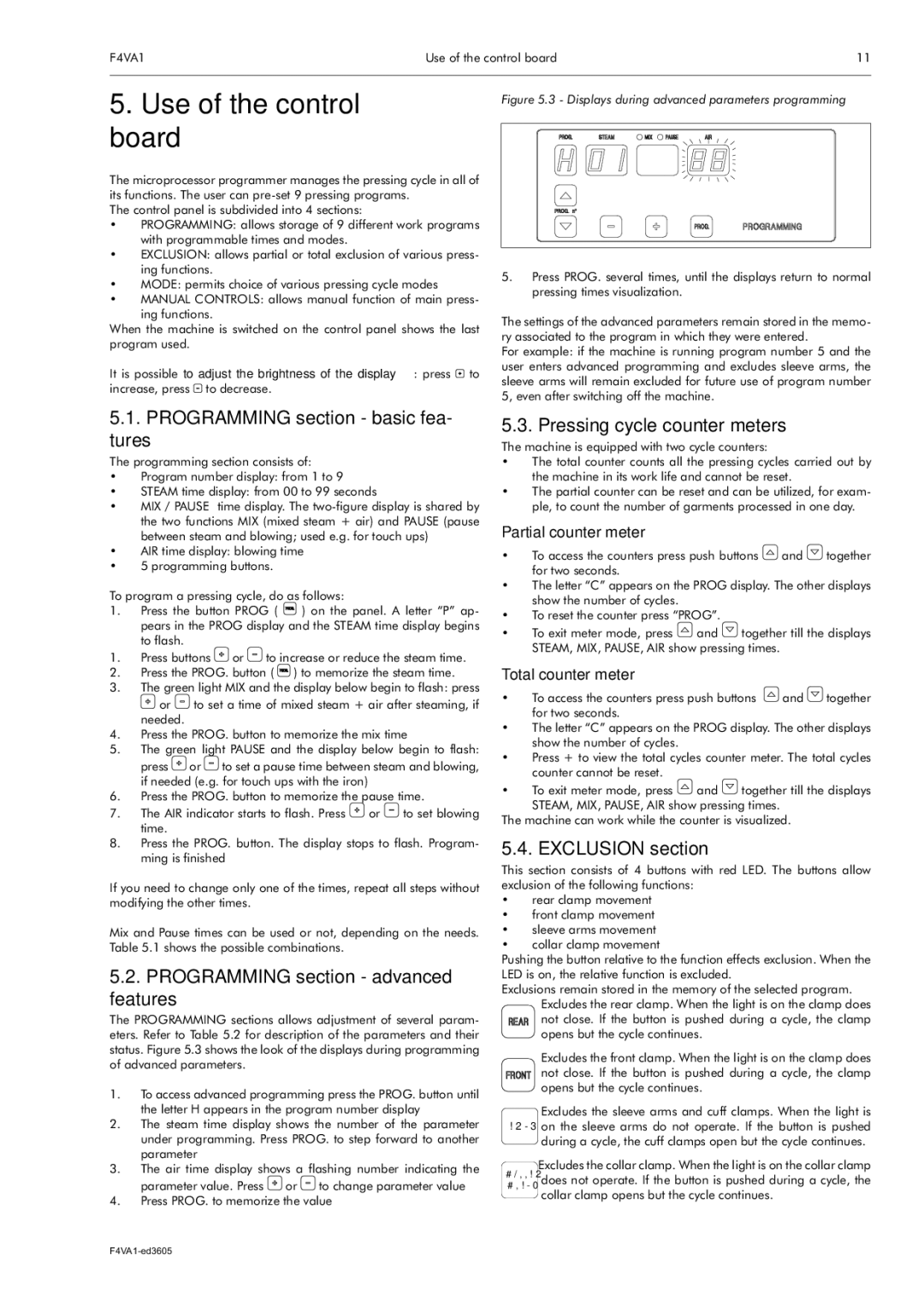 Electrolux F4VA1 Use of the control board, Programming section basic fea- tures, Programming section advanced features 