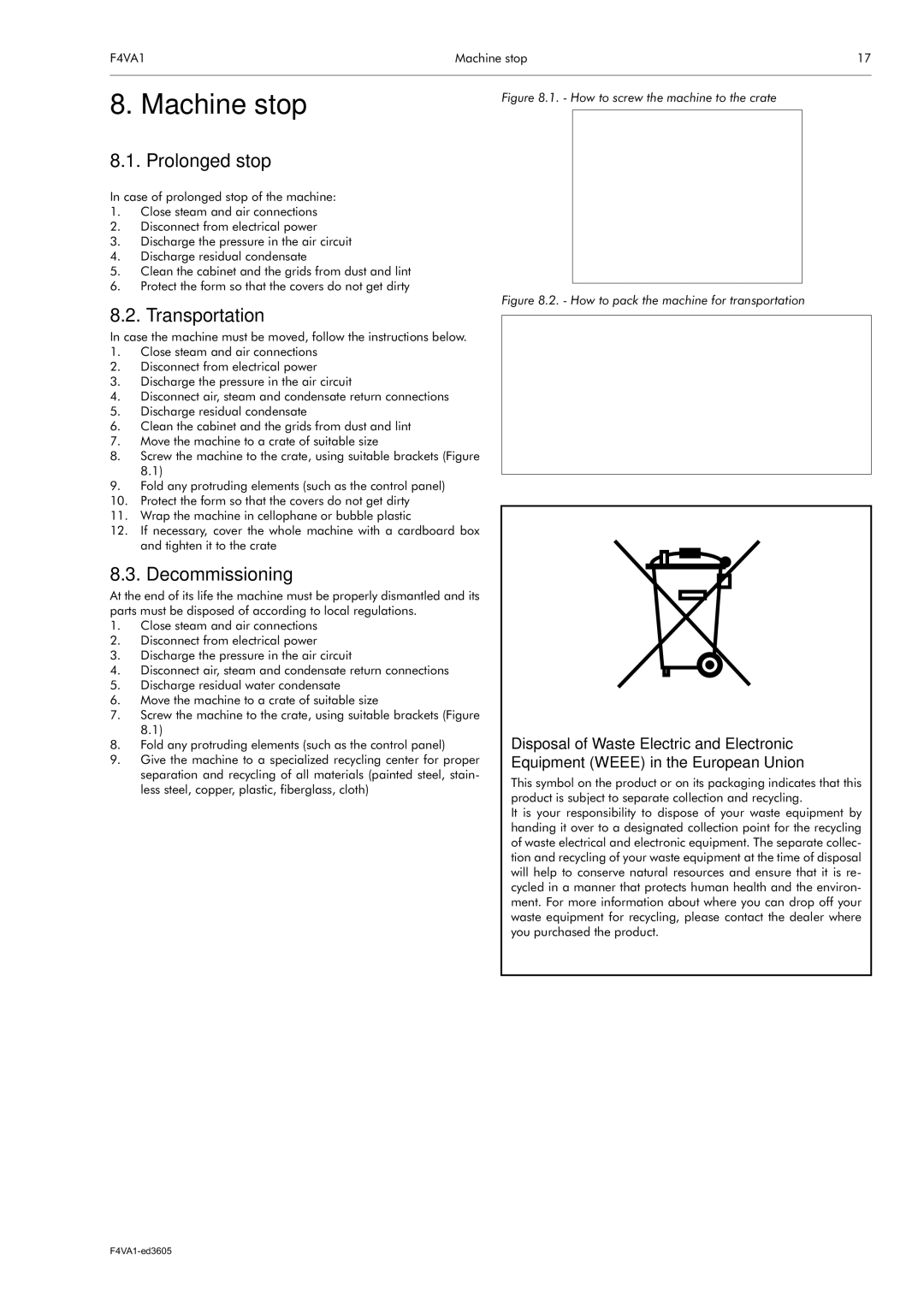 Electrolux F4VA1 manual Machine stop, Prolonged stop, Transportation, Decommissioning 