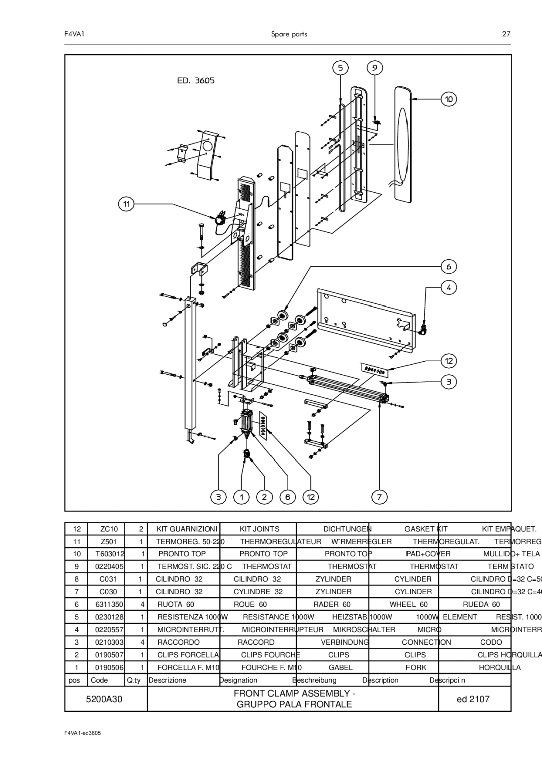 Electrolux F4VA1 manual 5200A30, Front Clamp Assembly Gruppo Pala Frontale 