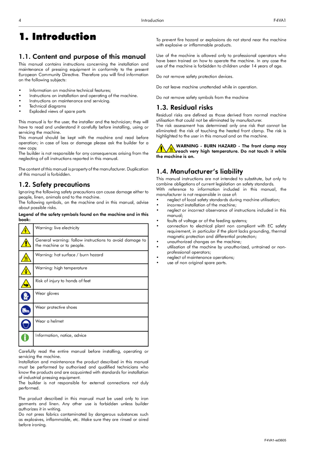 Electrolux F4VA1 Introduction, Content and purpose of this manual, Safety precautions, Residual risks 