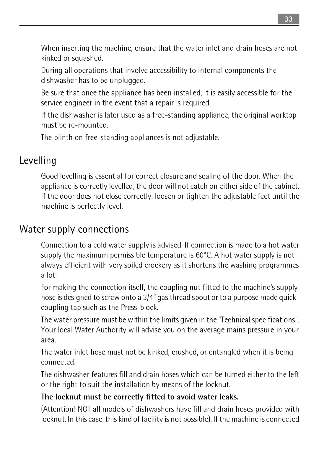 Electrolux F50674 user manual Levelling, Water supply connections, Locknut must be correctly fitted to avoid water leaks 