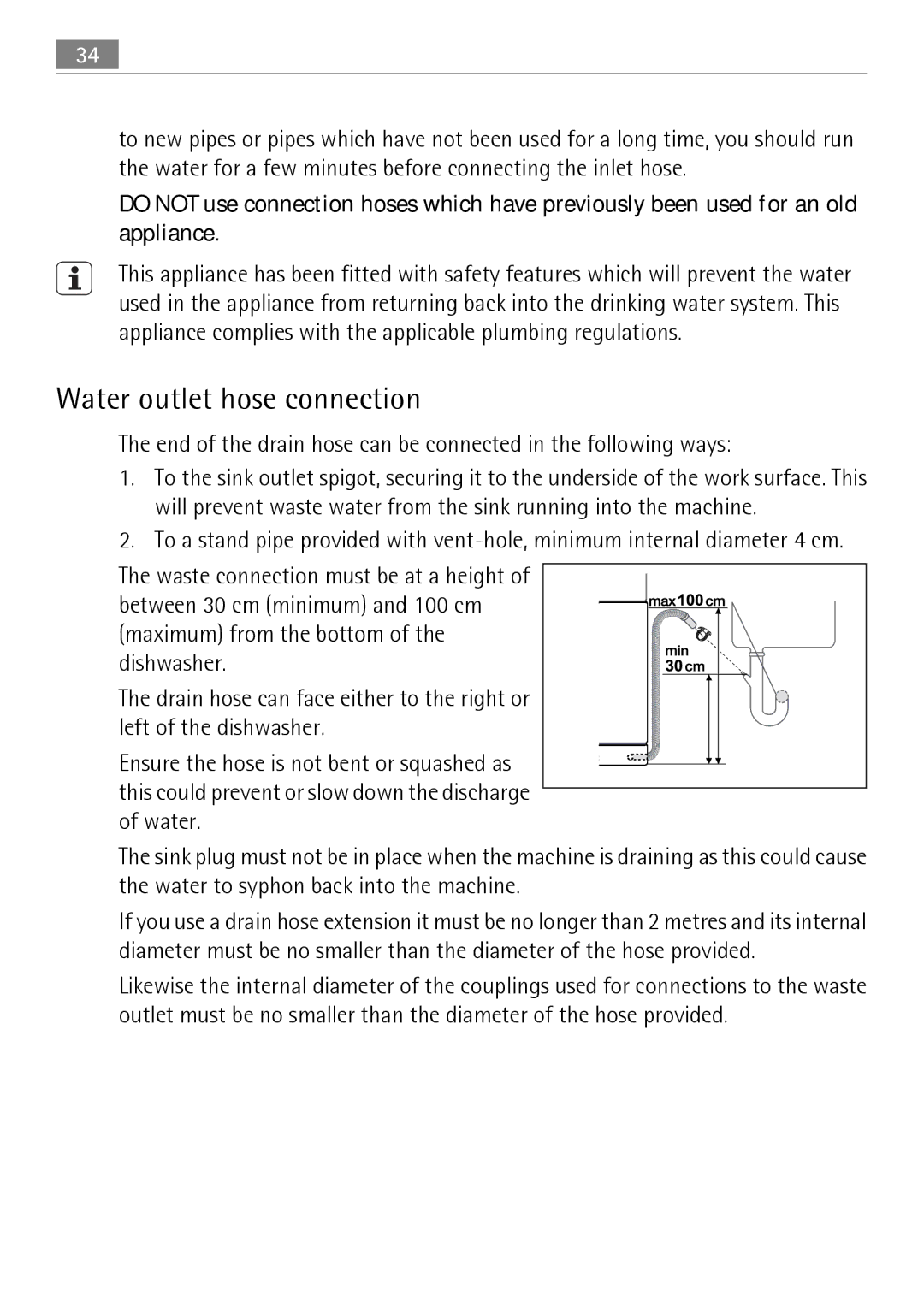 Electrolux F50674 user manual Water outlet hose connection 