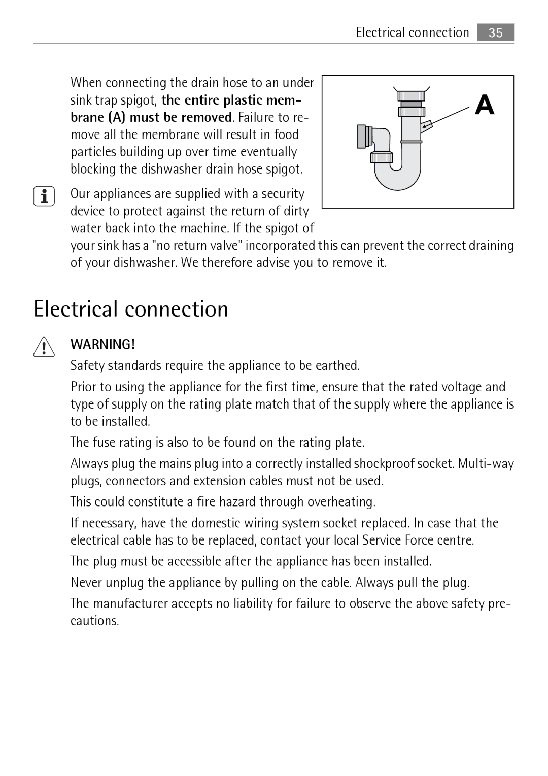 Electrolux F50674 user manual Electrical connection, Sink trap spigot, the entire plastic mem 