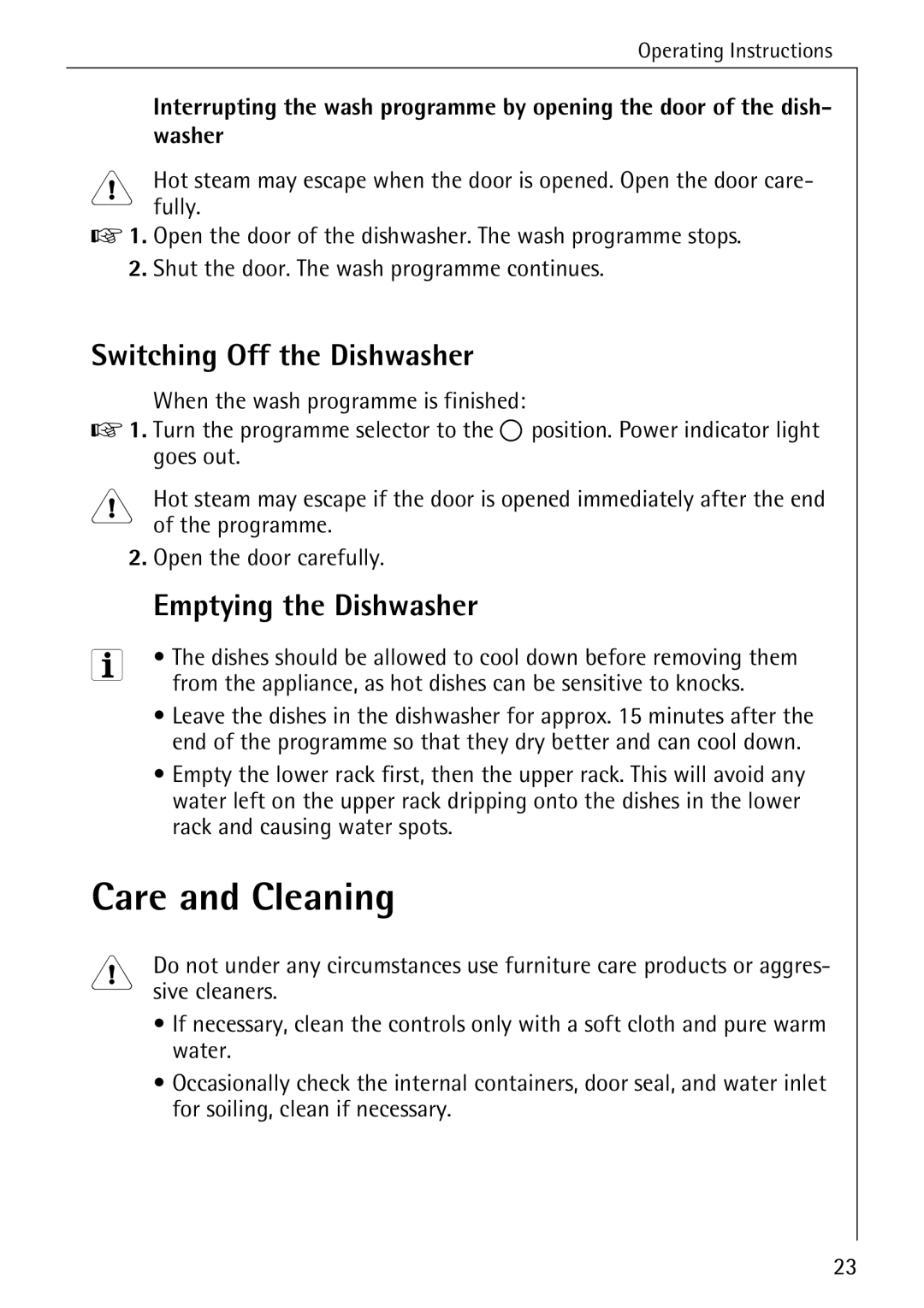 Electrolux FAVORIT 40260 i manual Care and Cleaning, Switching Off the Dishwasher, Emptying the Dishwasher, Washer 