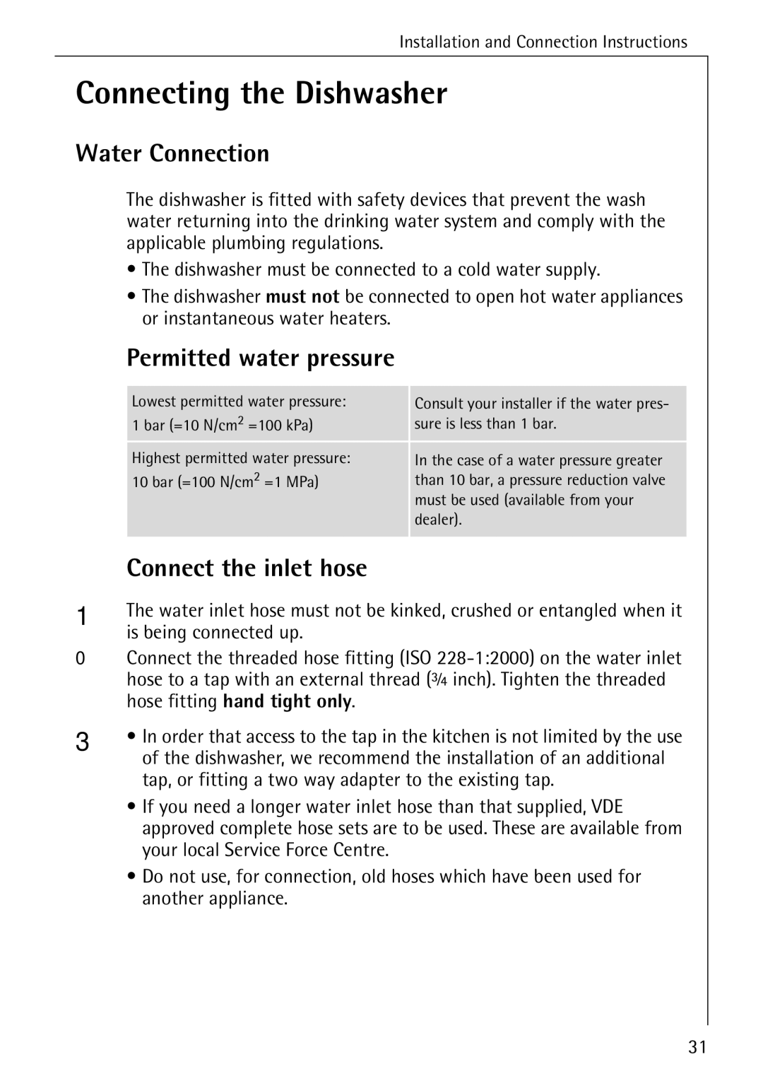 Electrolux FAVORIT 40260 i Connecting the Dishwasher, Water Connection, Permitted water pressure, Connect the inlet hose 