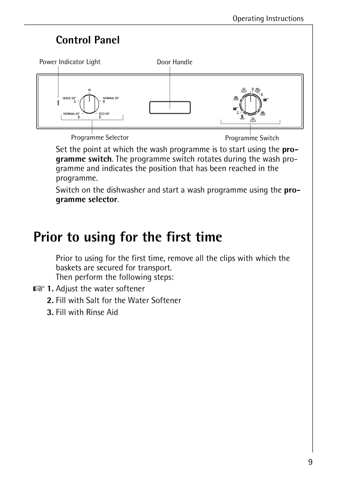 Electrolux FAVORIT 40260 i manual Prior to using for the first time, Control Panel 