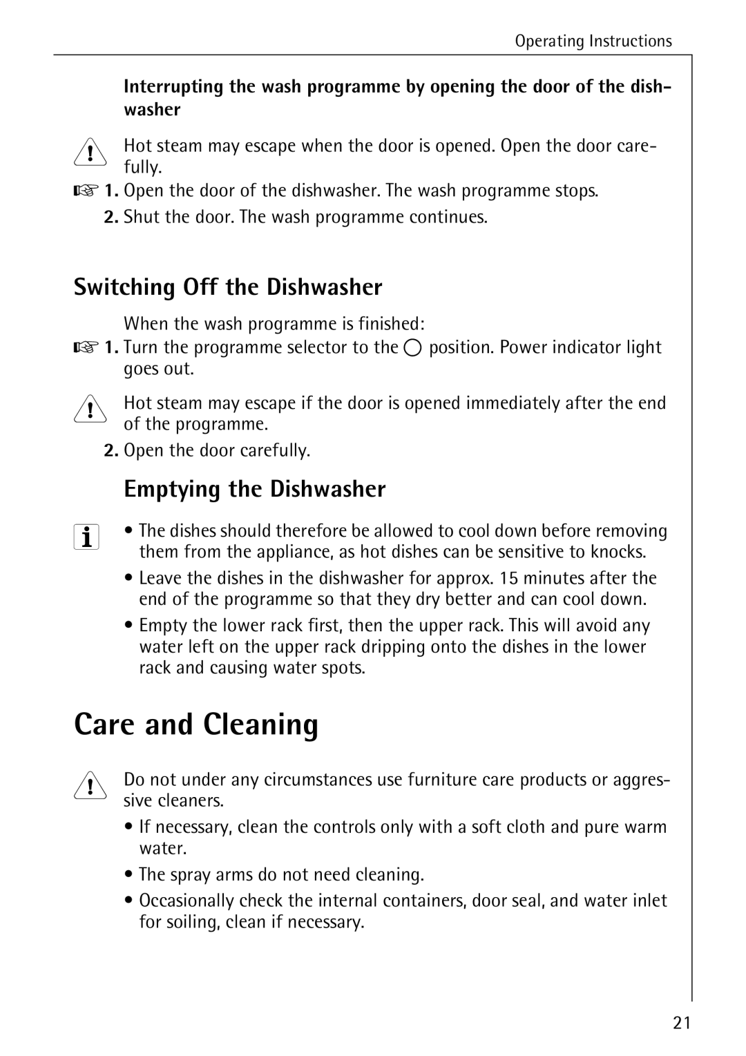 Electrolux FAVORIT 40260 manual Care and Cleaning, Switching Off the Dishwasher, Emptying the Dishwasher, Washer 